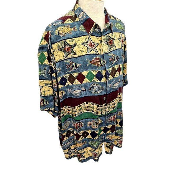 80s-90s Pierre Cardin Hawaiian Shirt Fish Pattern Collared Mens 2XL Blue Multi - Picture 2 of 10